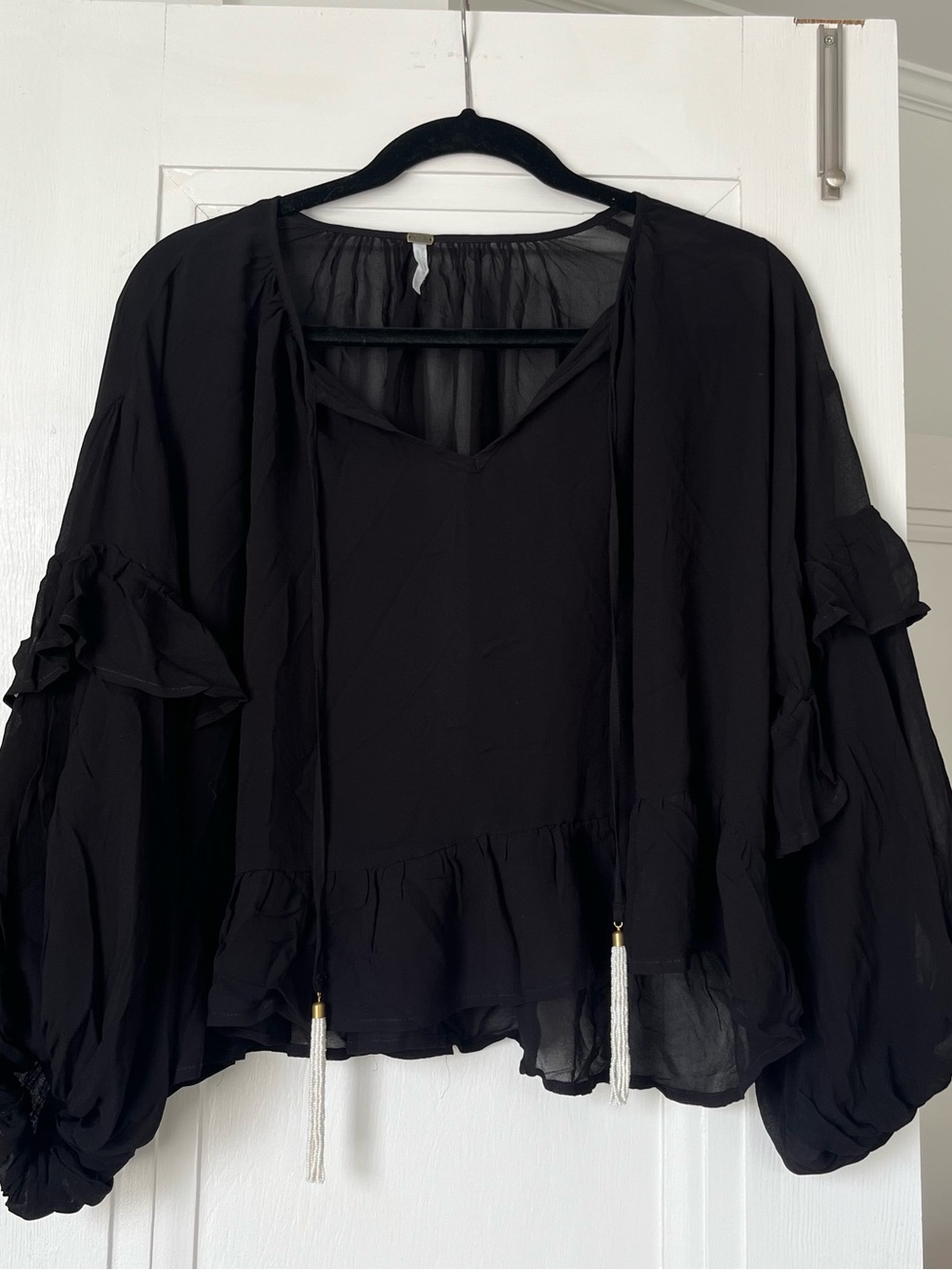 Boho Ruffle Tassel Blouse - Black